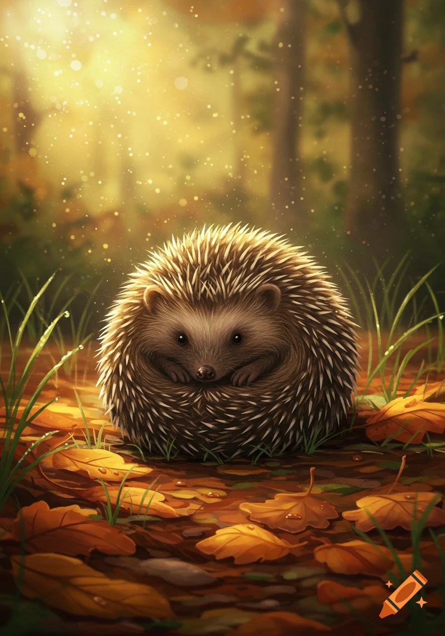 A cute, spiky hedgehog curled up in a sun-dappled autumn forest, surrounded by fallen leaves and green grass.