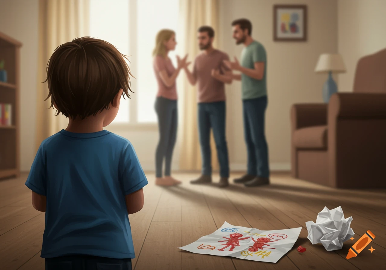 A child stands with their back to the viewer, watching blurred adults arguing in the background, with a drawing of fighting figures on the floor.