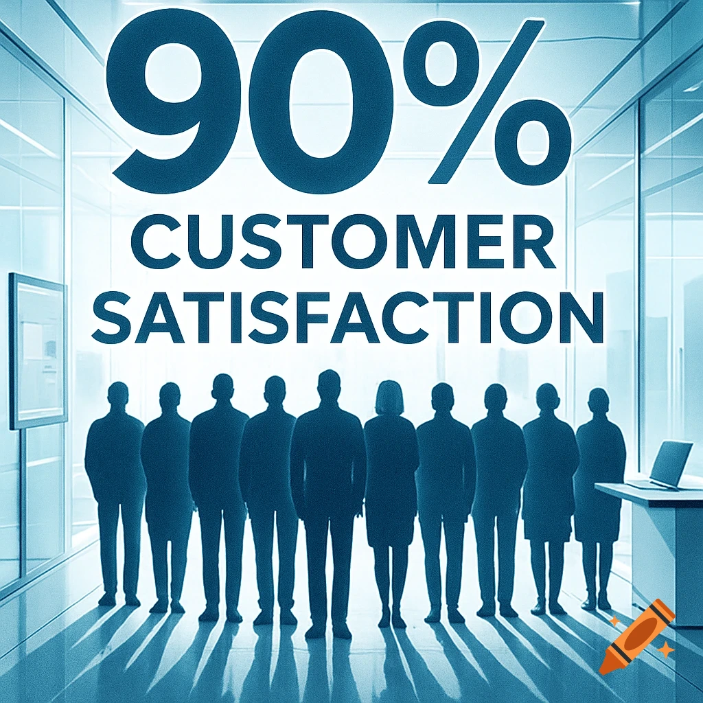 Silhouettes of people in an office lobby with "90% CUSTOMER SATISFACTION" text prominently displayed above them.
