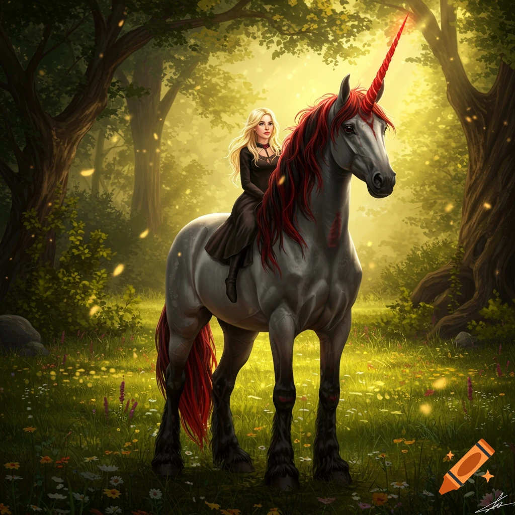 A blonde girl in a black dress rides a grey unicorn with a red horn and dark red mane through a sunlit, enchanted forest.