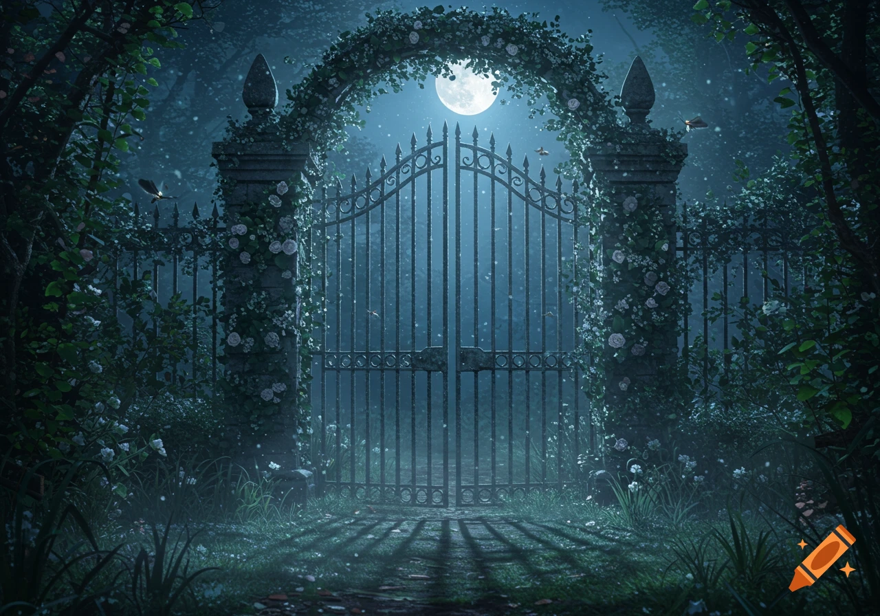 Ornate iron gate covered in climbing roses and vines, bathed in moonlight within a mystical secret garden at night.