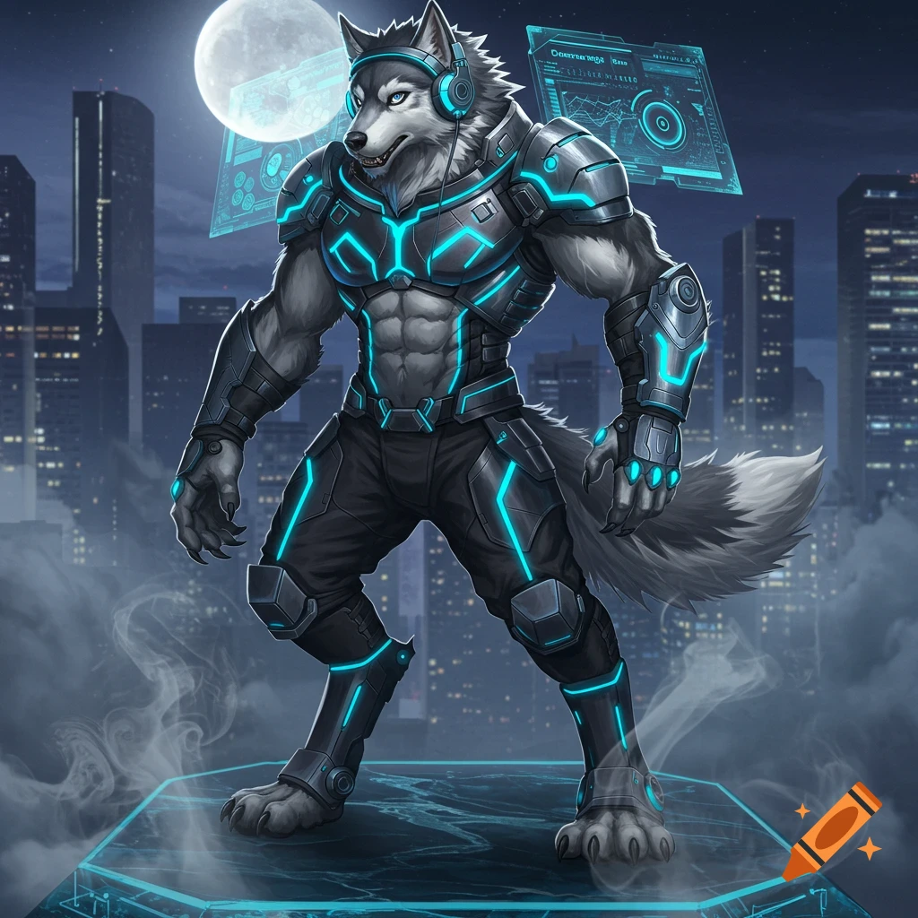 A muscular anthropomorphic husky werewolf in glowing blue futuristic battle armor and DJ headphones stands in a city at night under a full moon.
