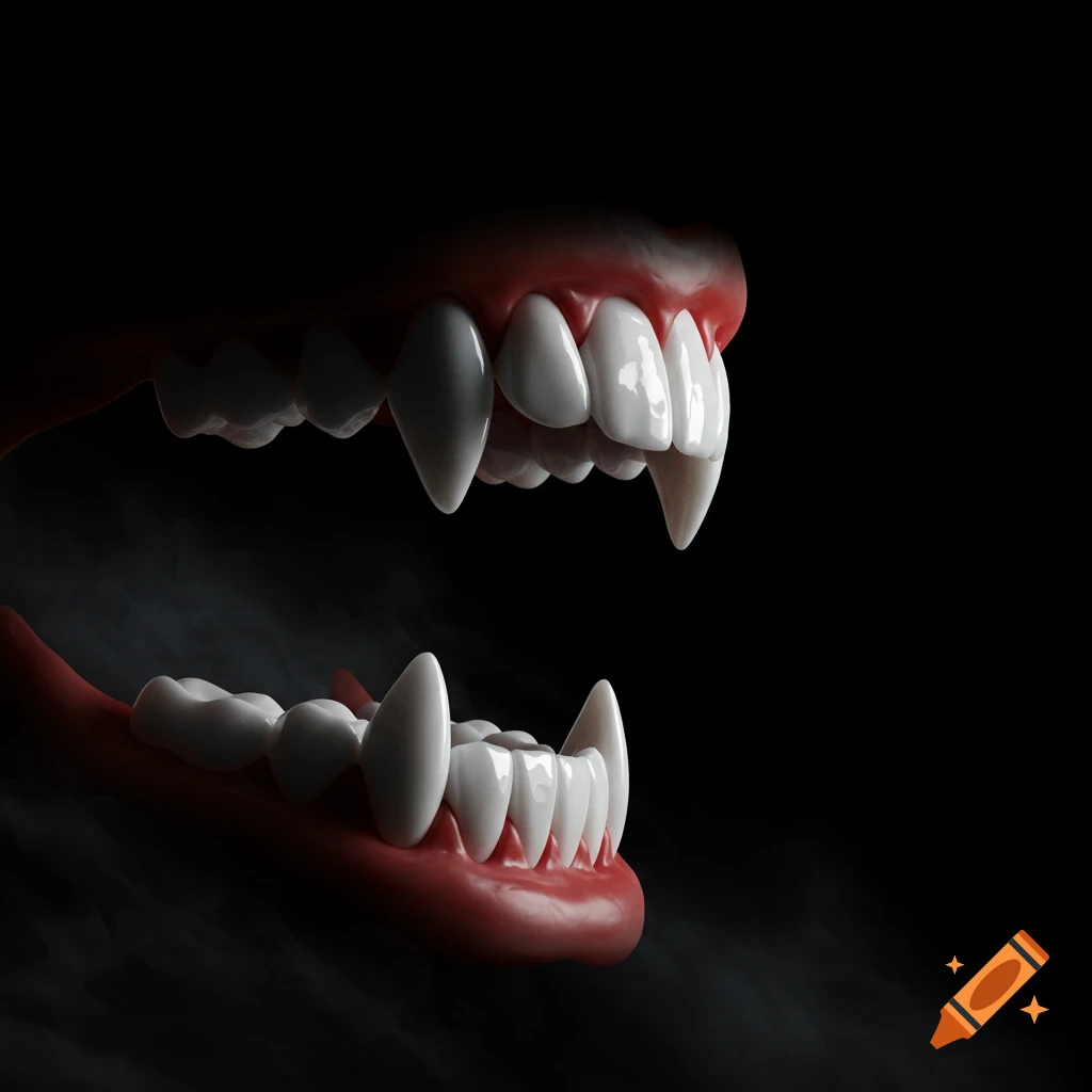 Close-up of bright white vampire fangs and teeth on red gums against a dark, smoky background.