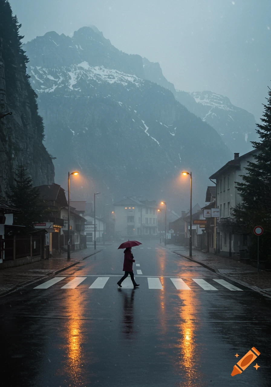 A person with a red umbrella crosses a wet street at a zebra crossing in a foggy mountain town at dusk, with streetlights reflecting on the pavement.