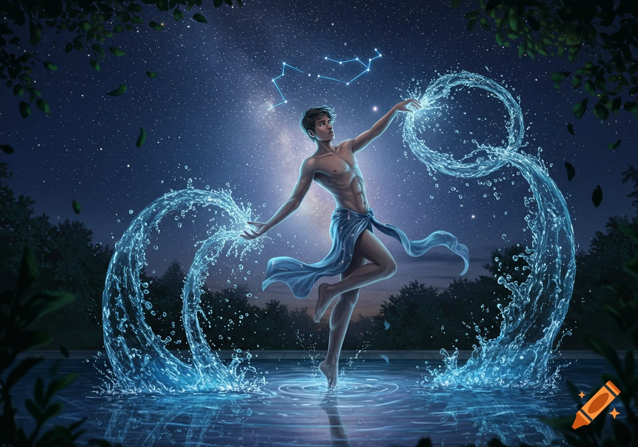 Digital art of a young man, the Aquarius Water Bearer, manipulating water under a starry night sky with the constellation visible.