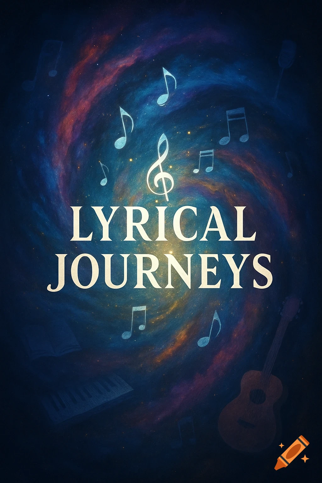 A book cover titled 'Lyrical Journeys' with musical notes and instruments against a swirling blue and orange cosmic background.