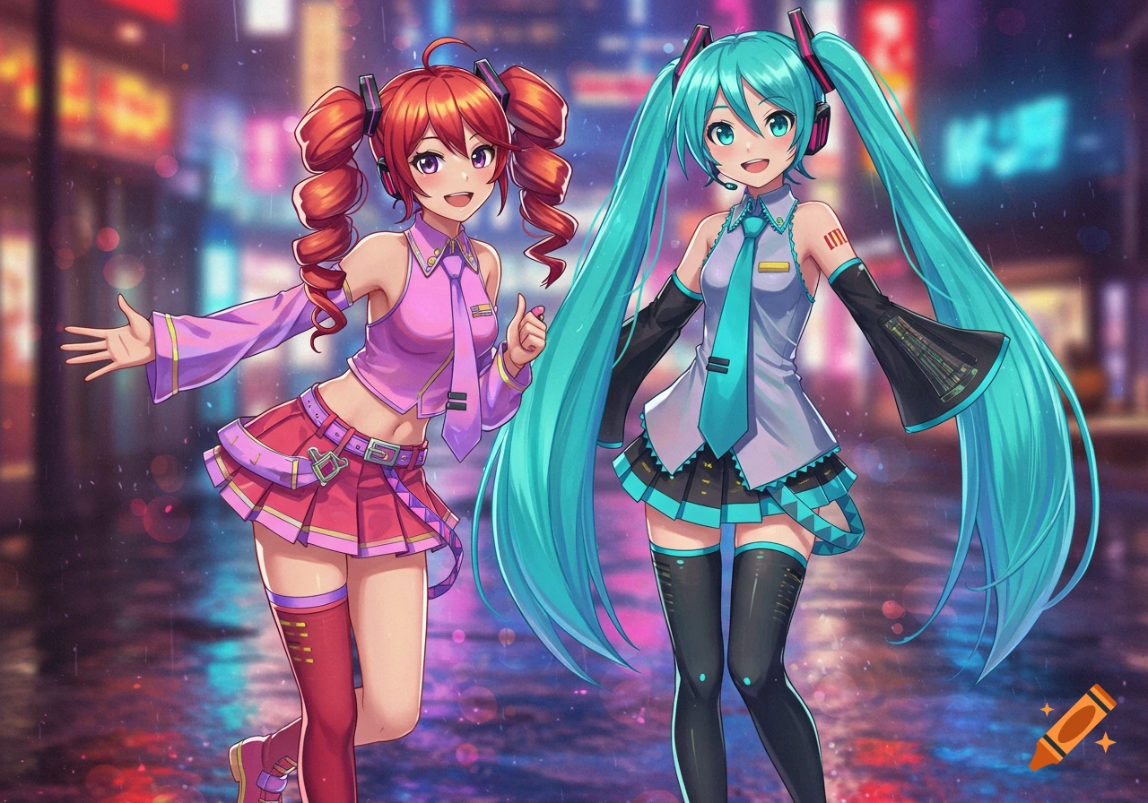 Anime-style illustration of Hatsune Miku and Kasane Teto standing in a rainy cyberpunk city street at night.