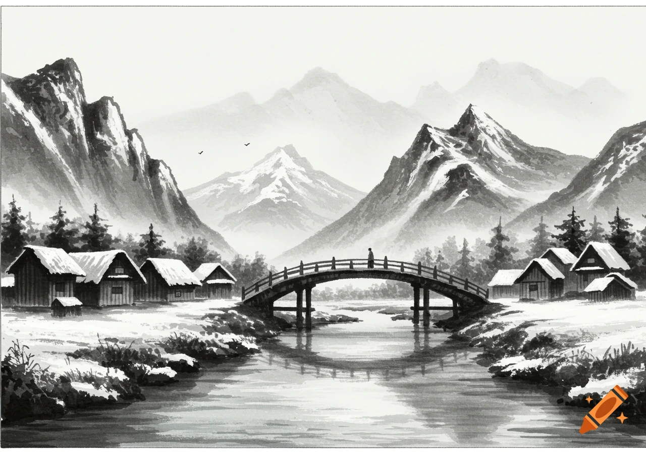 Black and white sumi-e painting of a snowy mountain village with a river and a bridge where a lone figure walks.