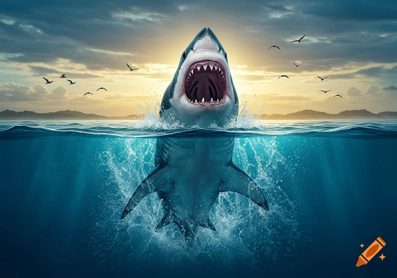 A great white shark jumps dramatically out of the ocean with its mouth wide open against a sunset sky.