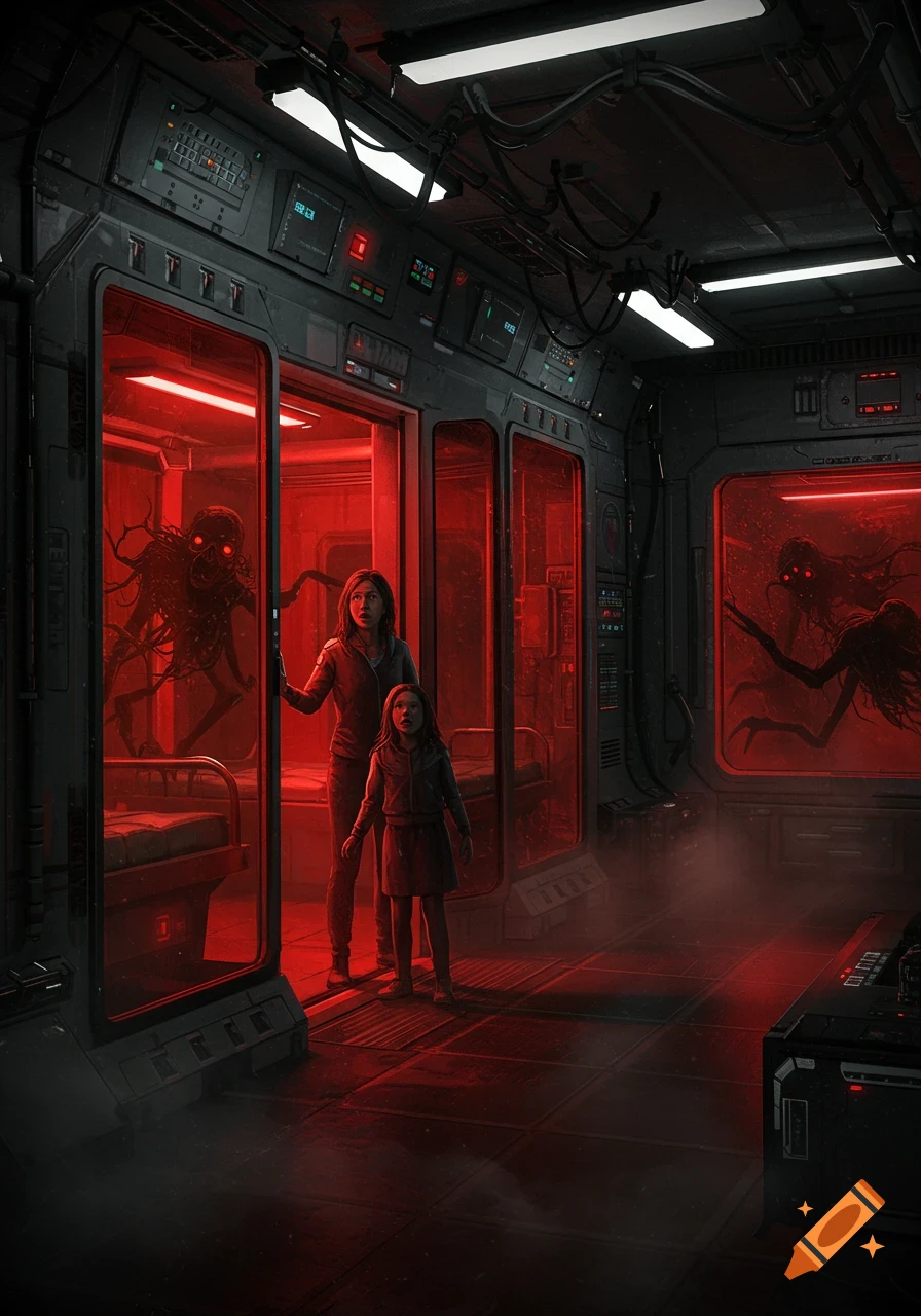 A scared woman and child stand in a red-lit futuristic corridor, looking at shadowy, tentacled monsters in glass enclosures.