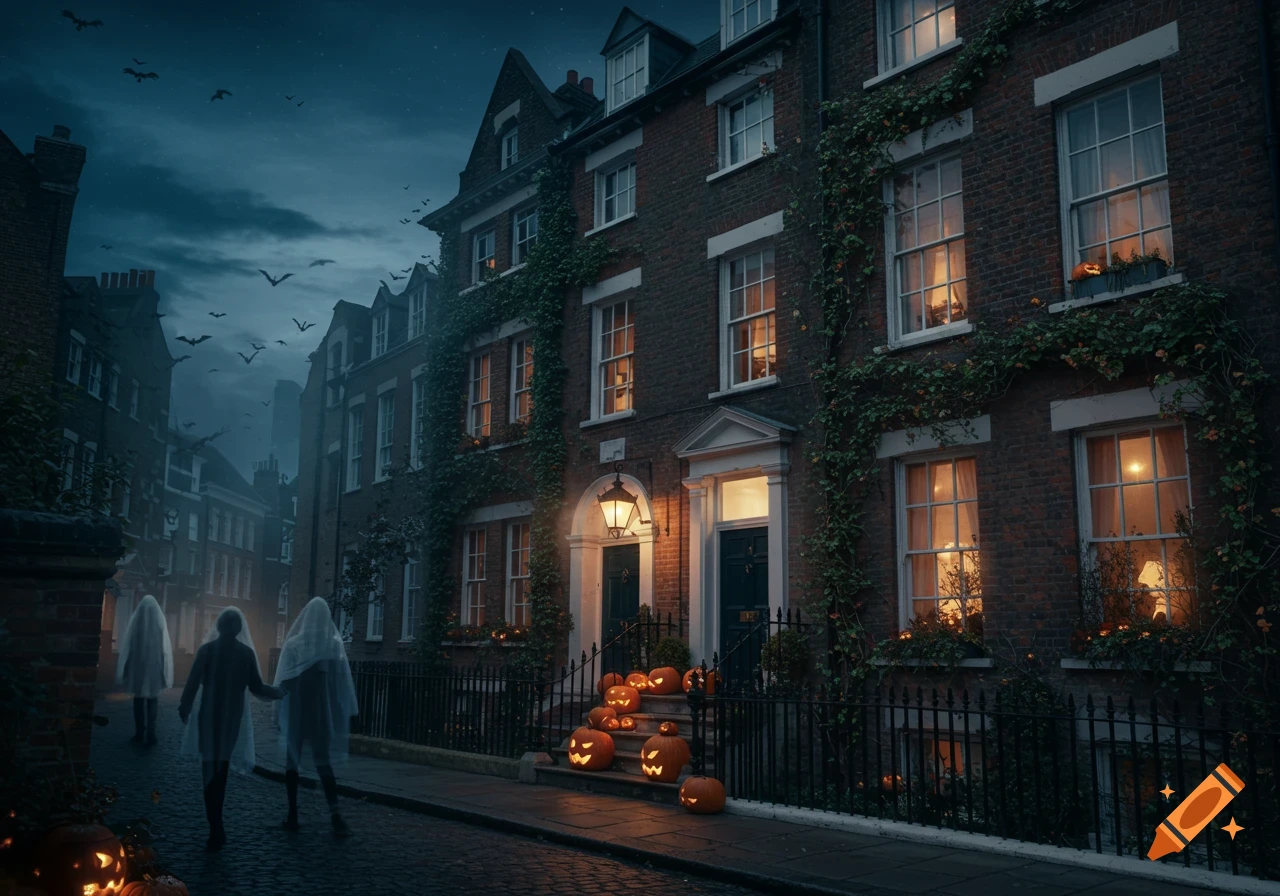 Photorealistic Halloween night scene on a London Victorian street with carved pumpkins, ghost figures, and flying bats.