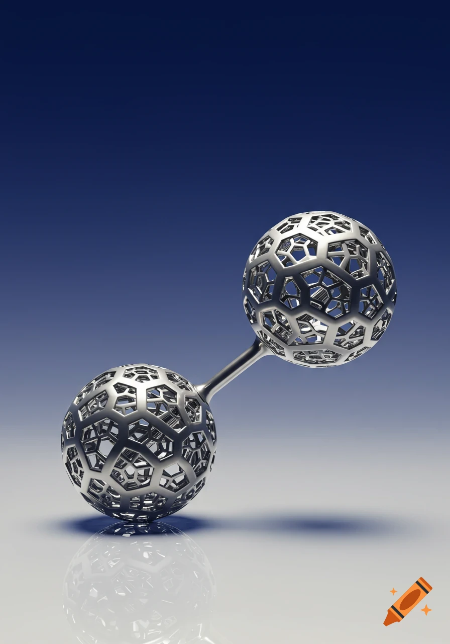 Two metallic silver spheres with intricate hexagonal patterns are connected by a rod, reflecting on a surface below a blue background.