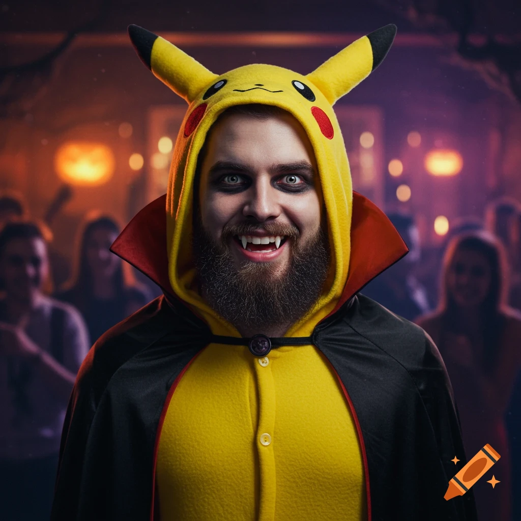 A bearded man in a Pikachu vampire costume with fangs and dark eye makeup, smiling at a Halloween party.
