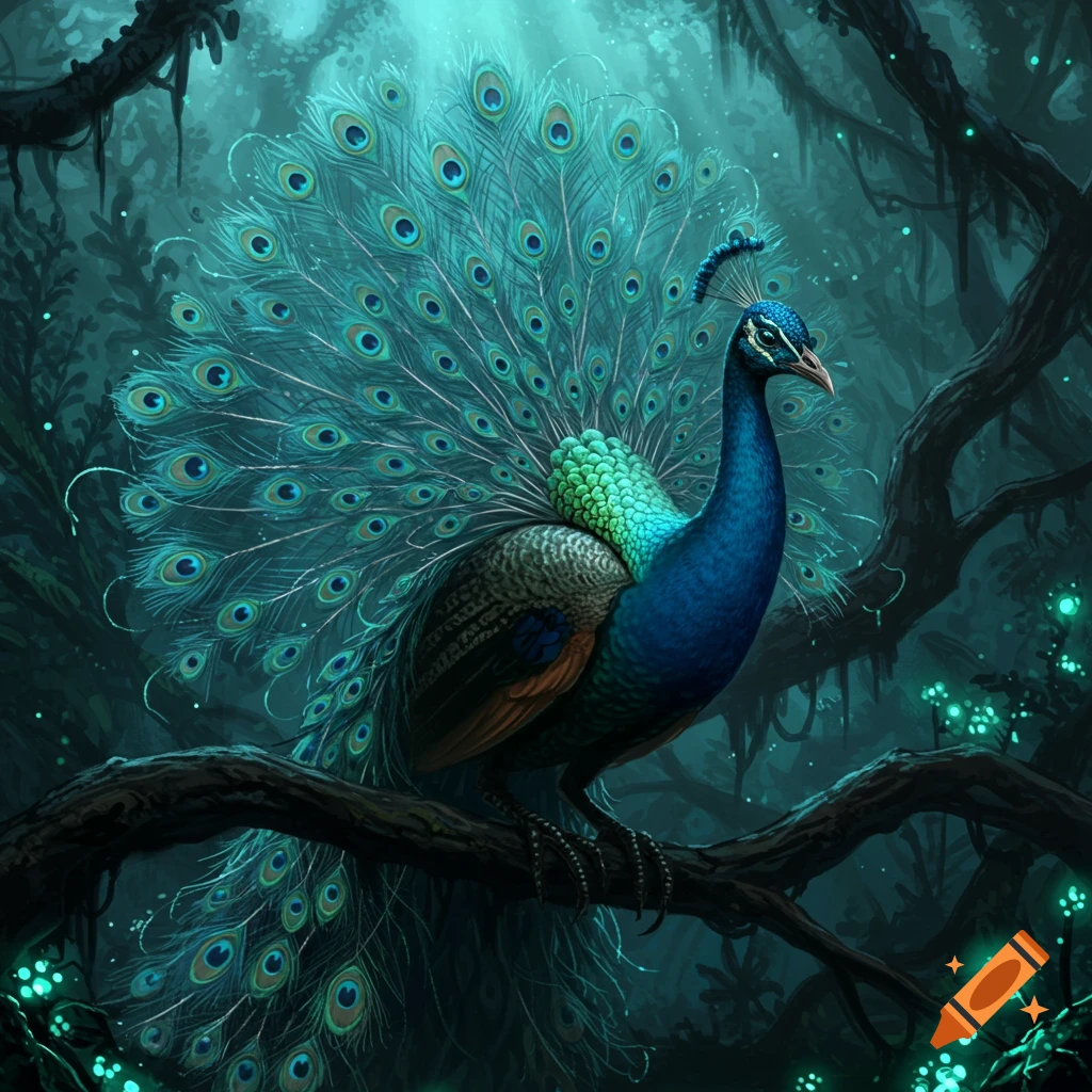 A majestic, glowing blue and green peacock-like creature with an expansive tail stands on a dark branch in a mystical, bioluminescent forest.