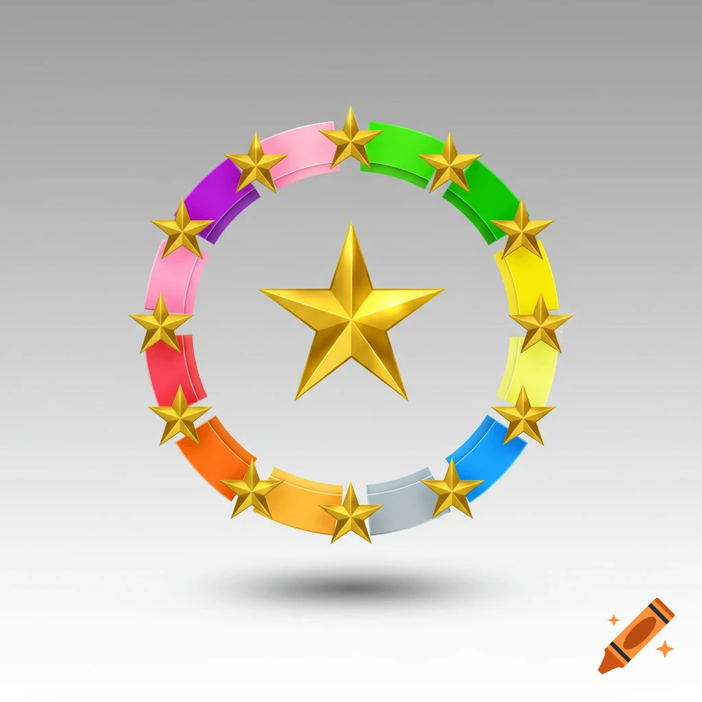 A large golden star at the center, surrounded by twelve smaller golden stars, all encircled by a segmented rainbow-colored ring against a gray background.