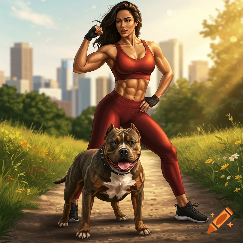 Muscular woman in red workout gear flexes arm next to a smiling American Bully on a park path, city buildings in background.