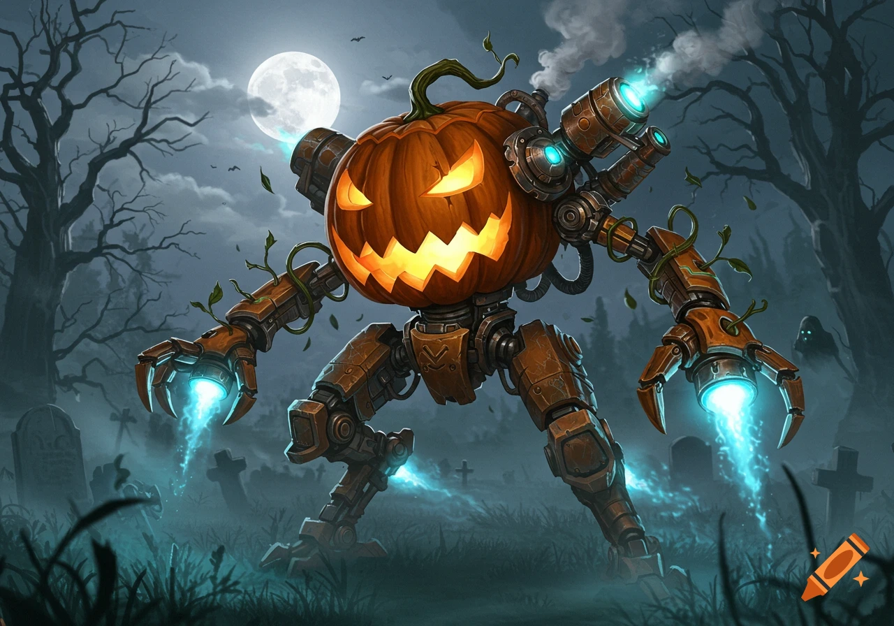 A menacing pumpkin-headed robot with glowing blue energy claws stands in a misty graveyard under a full moon.