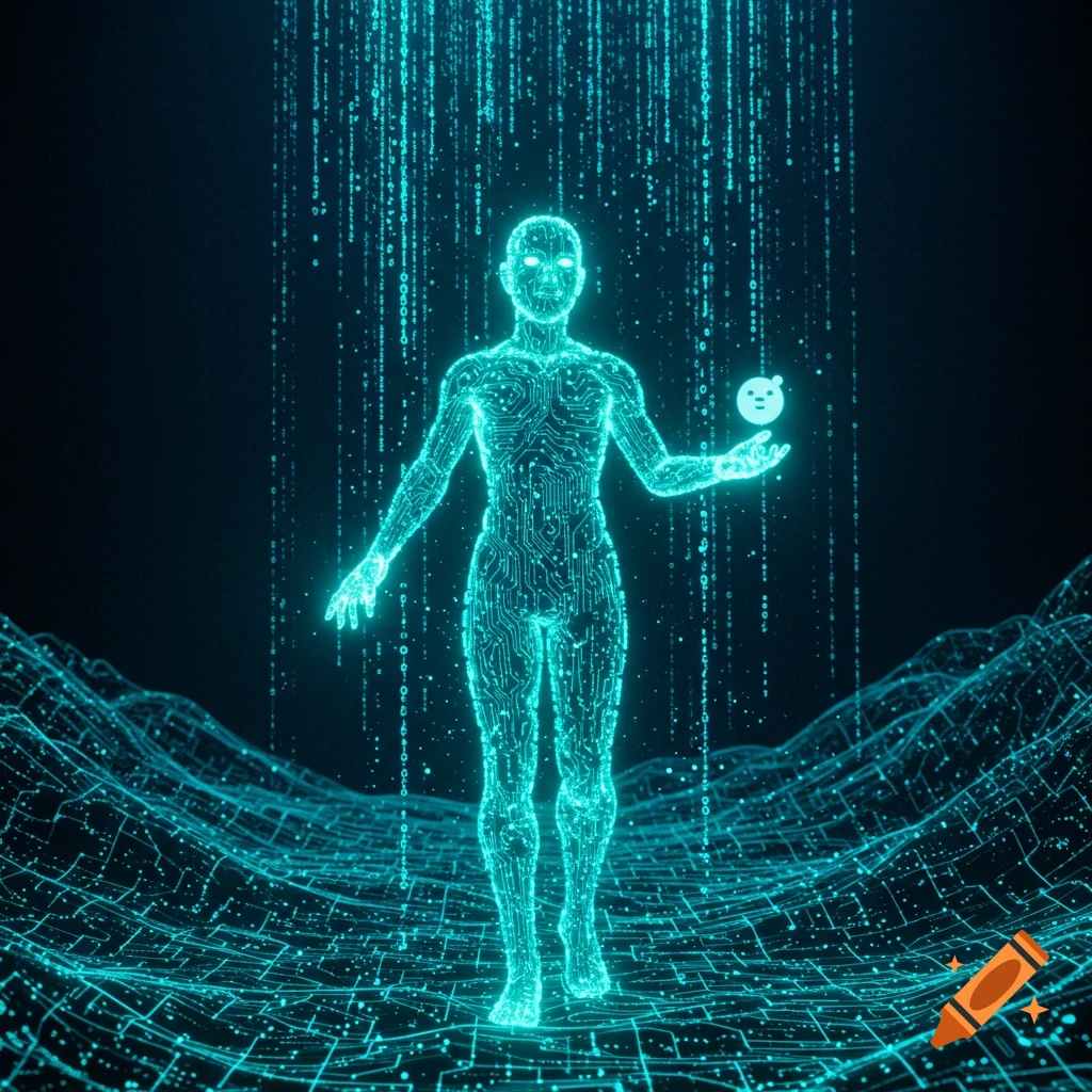 A glowing, circuit-patterned human figure stands on a digital landscape with binary code raining down, holding a small glowing orb.