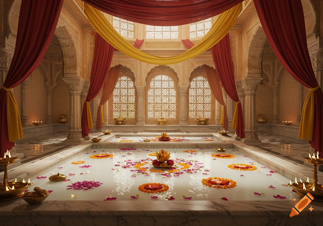 A luxurious Indian palace interior with a milk bath adorned with colorful flower petals and lit oil lamps, draped in red and yellow fabrics, photorealistic.