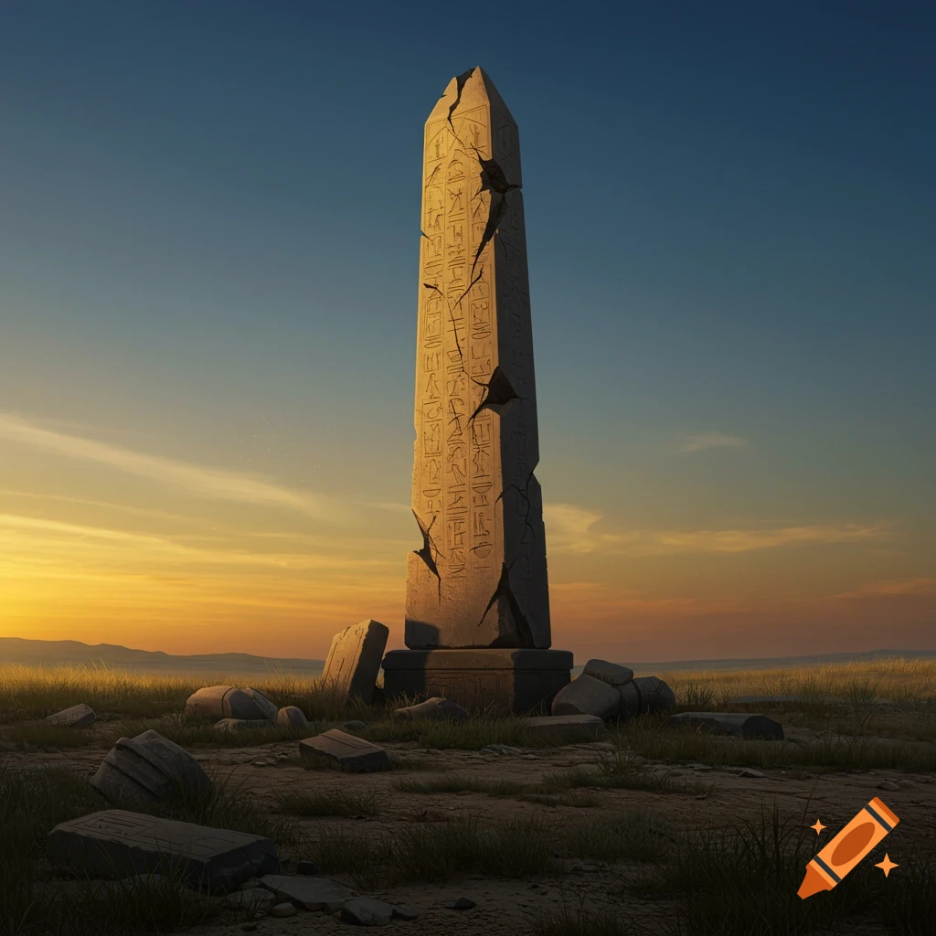 A crumbling ancient obelisk stands in a grassy field at sunset, with broken stones around its base.