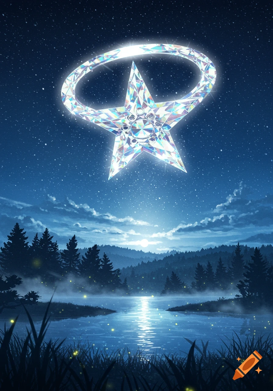 A sparkling diamond star with a halo in a starry night sky over a moonlit lake, pine trees, and fireflies.