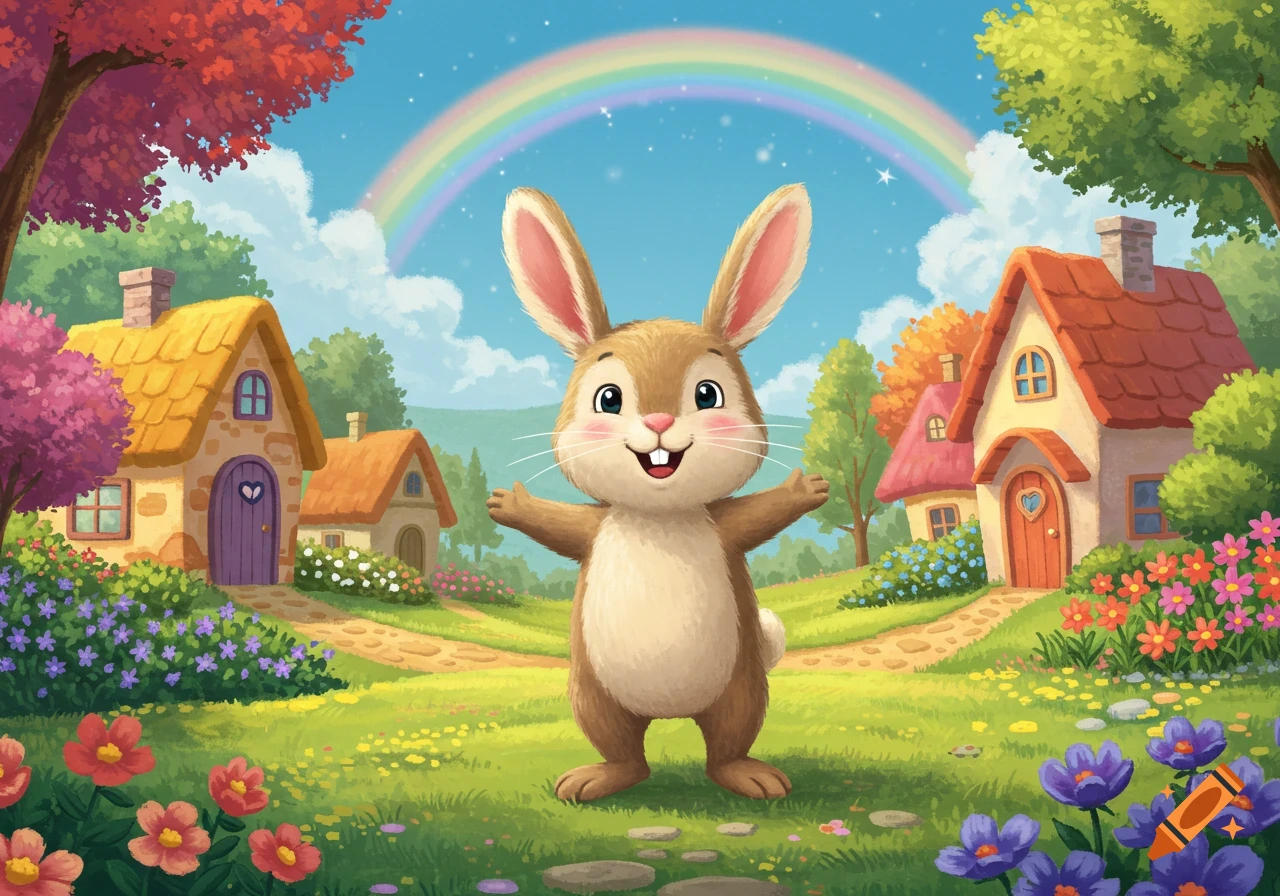 A cheerful rabbit with open arms in a vibrant, whimsical children's book illustration of a rainbow village with colorful flowers and a rainbow.