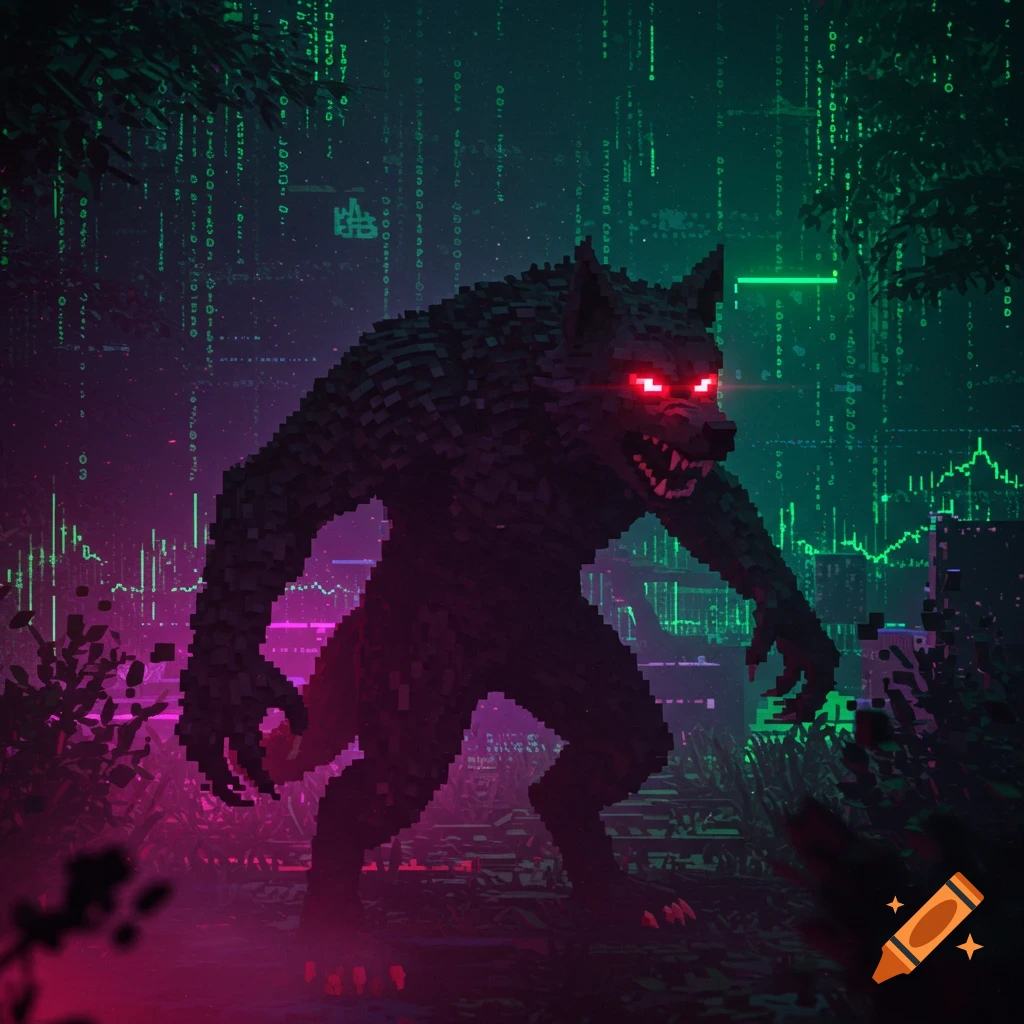 A pixel art werewolf with glowing red eyes stands in a dark, neon green and purple digital forest with falling code.