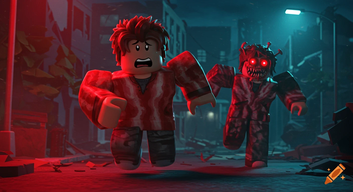 Roblox avatar running in fear from a glowing-eyed zombie in a ruined, dark city at night.
