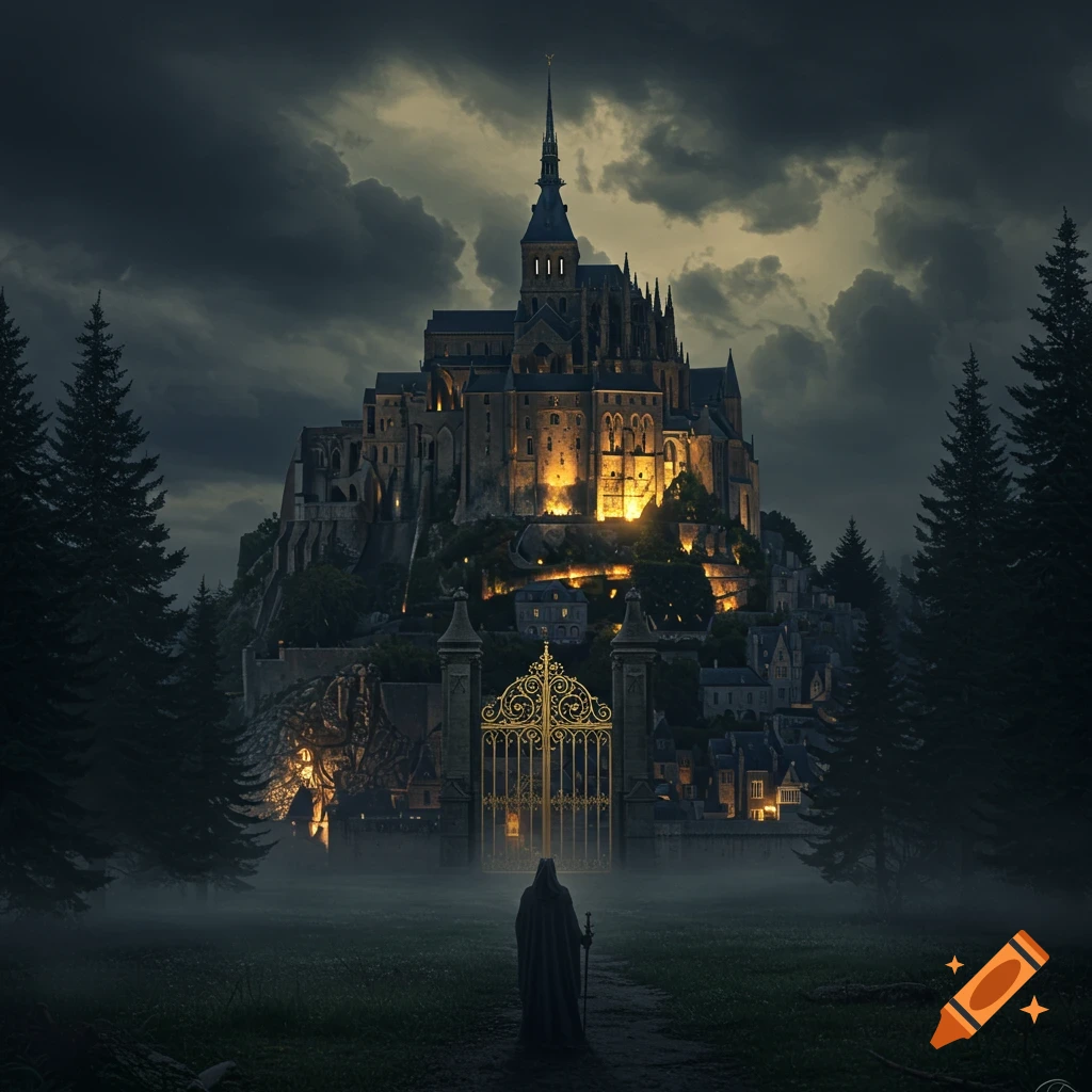 A cloaked figure on a path approaches a luminous, gothic castle with a golden gate, surrounded by dark pine trees and mist under a cloudy sky.