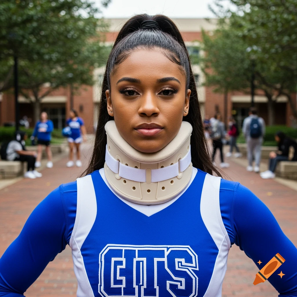 A young woman in a blue and white cheerleader uniform with a neck brace stands on a college campus.