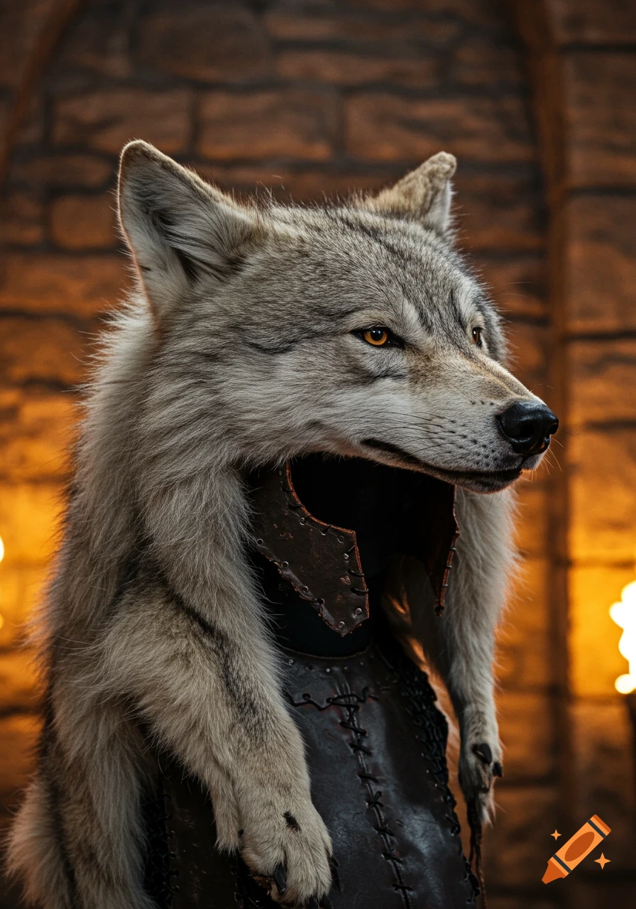 A photorealistic wolf pelt with amber eyes worn as a helmet over dark leather armor, against a brick wall background.