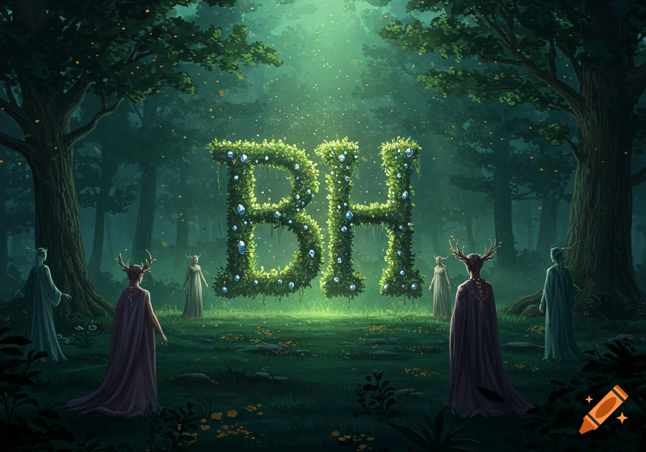 Two large, glowing green letters 'BH' made of leaves and crystals stand in a mystical forest with ethereal figures.