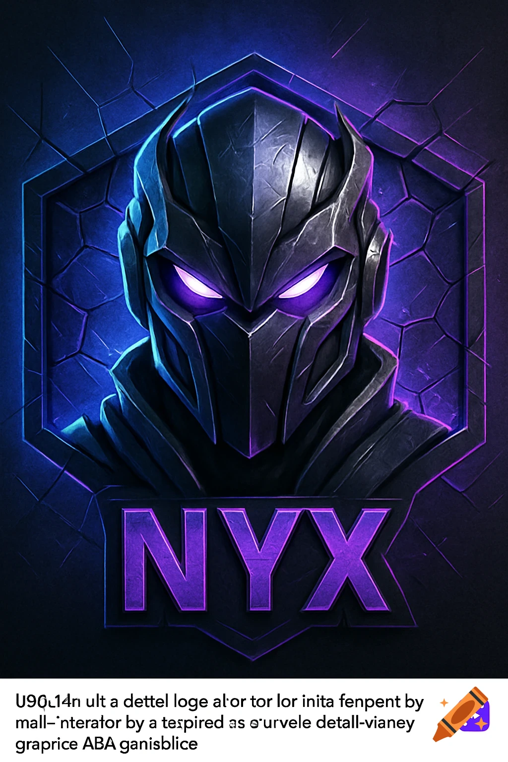 A dark, futuristic character mask with glowing purple eyes and sharp angles, set in a hexagonal frame with a broken pattern, above the purple word "NYX" in a bold, stylized font. The color palette is dark blue and electric purple, evoking a game-like aesthetic.