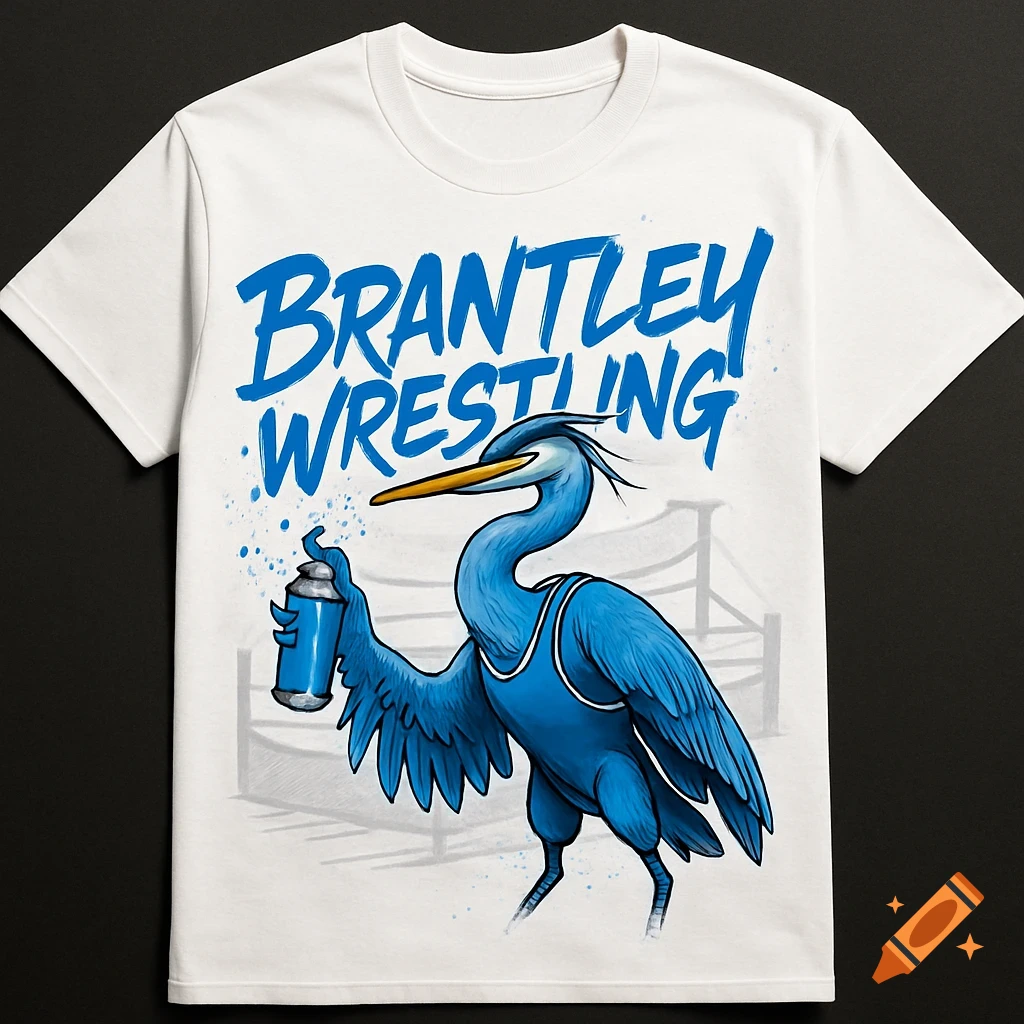 A stylized blue heron in a wrestling singlet holds a spray can on a white t-shirt with "Brantley Wrestling" text, with a wrestling ring in the background.