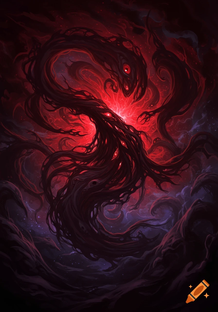 A dark, swirling, tentacled cosmic entity with numerous glowing red eyes, against a backdrop of deep red and purple nebulae.