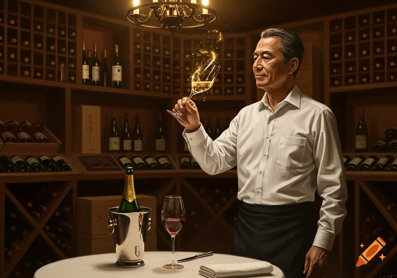 A sommelier in a white shirt and black apron inspects a glass of sparkling wine in a dimly lit wine cellar filled with shelves of wine bottles.