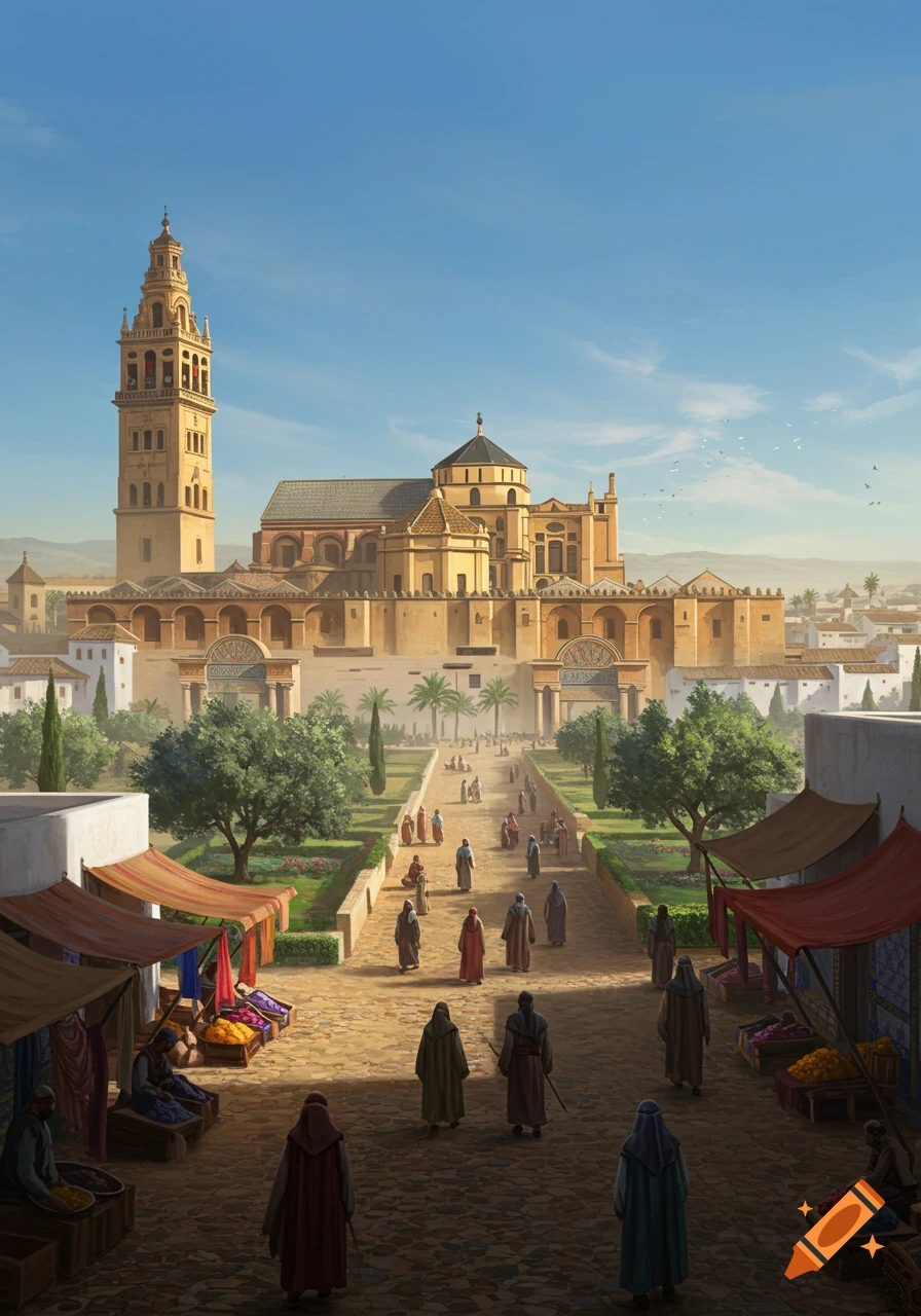 A vibrant digital painting depicts an ancient city street leading to a grand mosque-cathedral under a clear blue sky, with many people in traditional robes walking.
