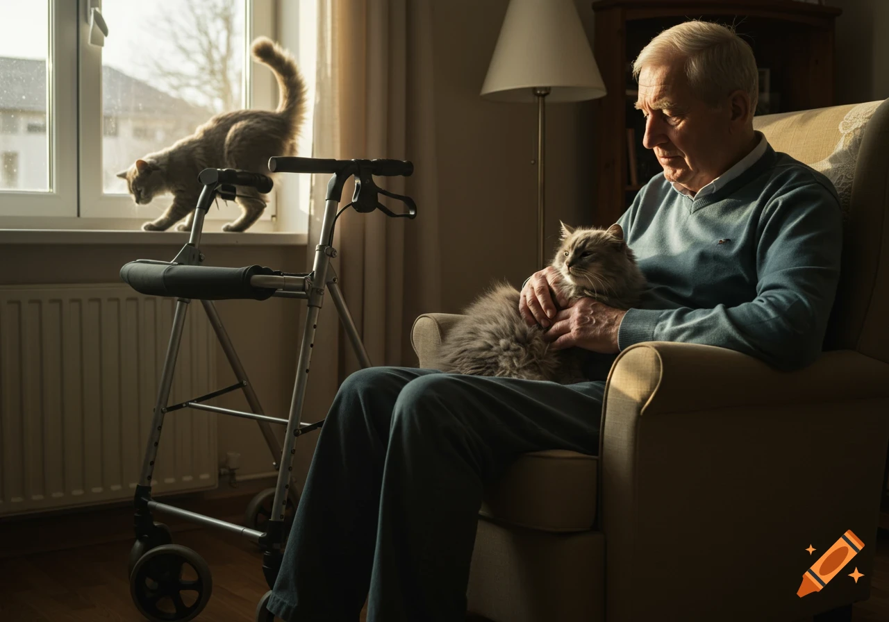 An elderly man sits in an armchair, gently petting a grey cat on his lap, with another cat on a windowsill behind a walker in a sunlit room.