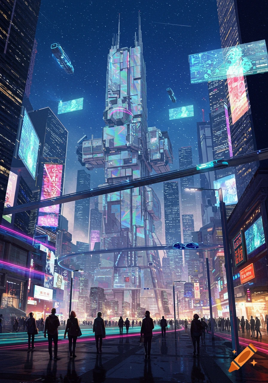 A vibrant, neon-lit futuristic city at night with towering skyscrapers, flying vehicles, and silhouettes of people walking on a wet street.