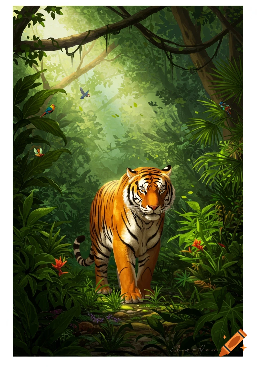 An orange and black striped tiger walks through a lush, sunlit tropical jungle with birds and plants.