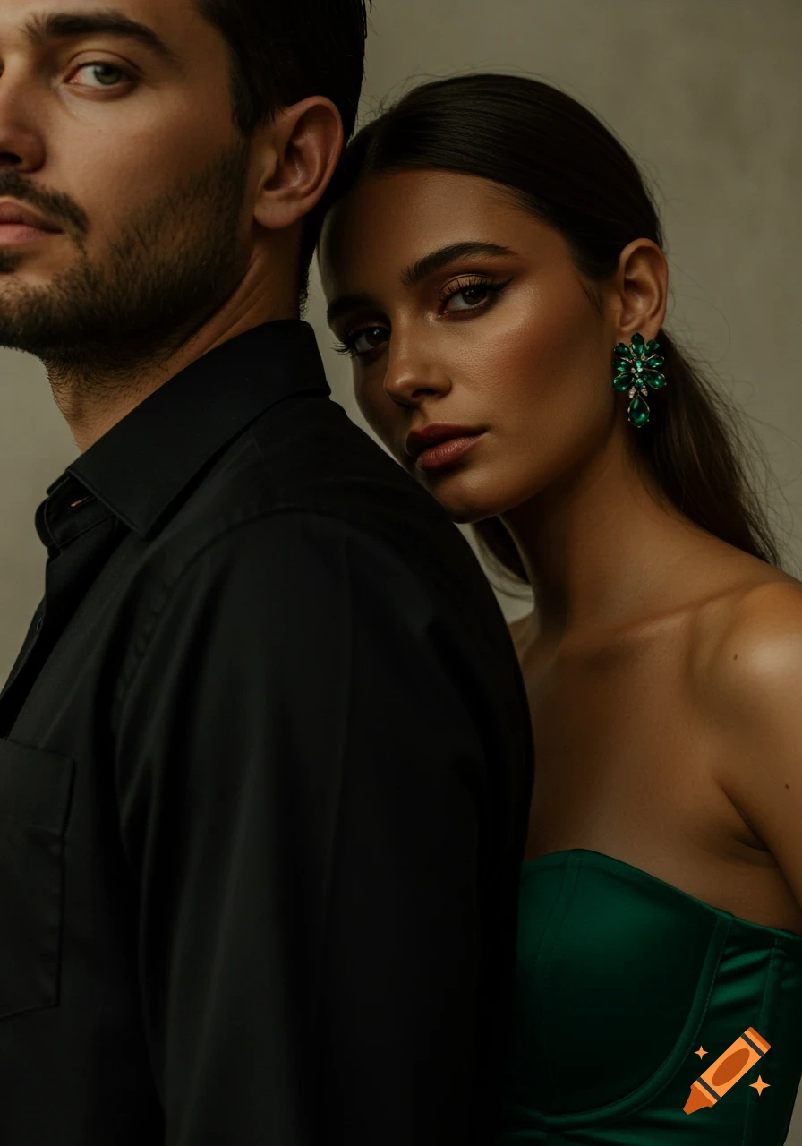 Close-up portrait of a man in a black shirt with a woman in a green corset and emerald earrings peeking from behind his shoulder.
