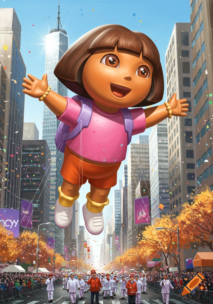 A large Dora the Explorer balloon floats high above a vibrant Macy's Thanksgiving Day Parade in a city street, with crowds and fall foliage.