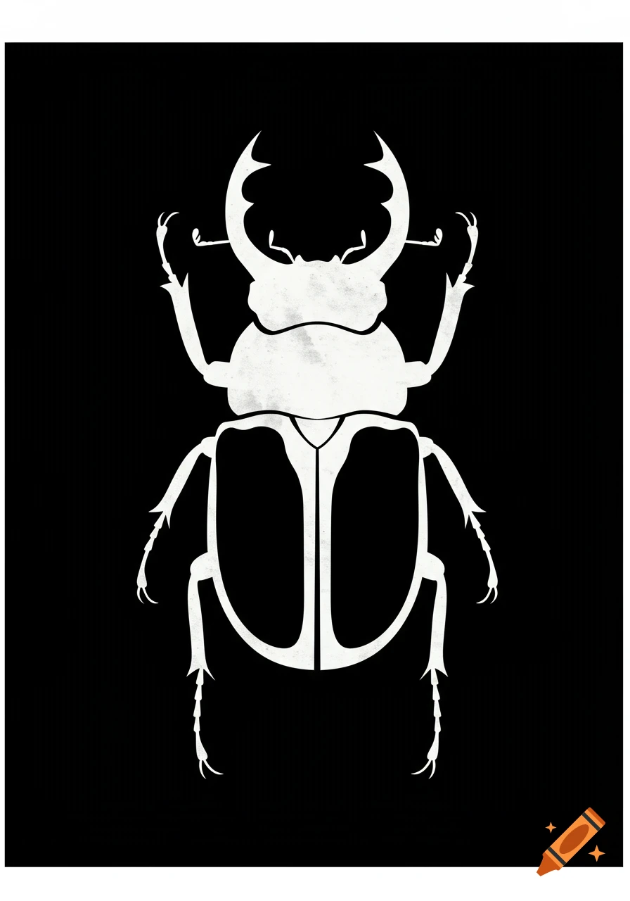 A white graphic, minimalist illustration of a beetle against a black background.