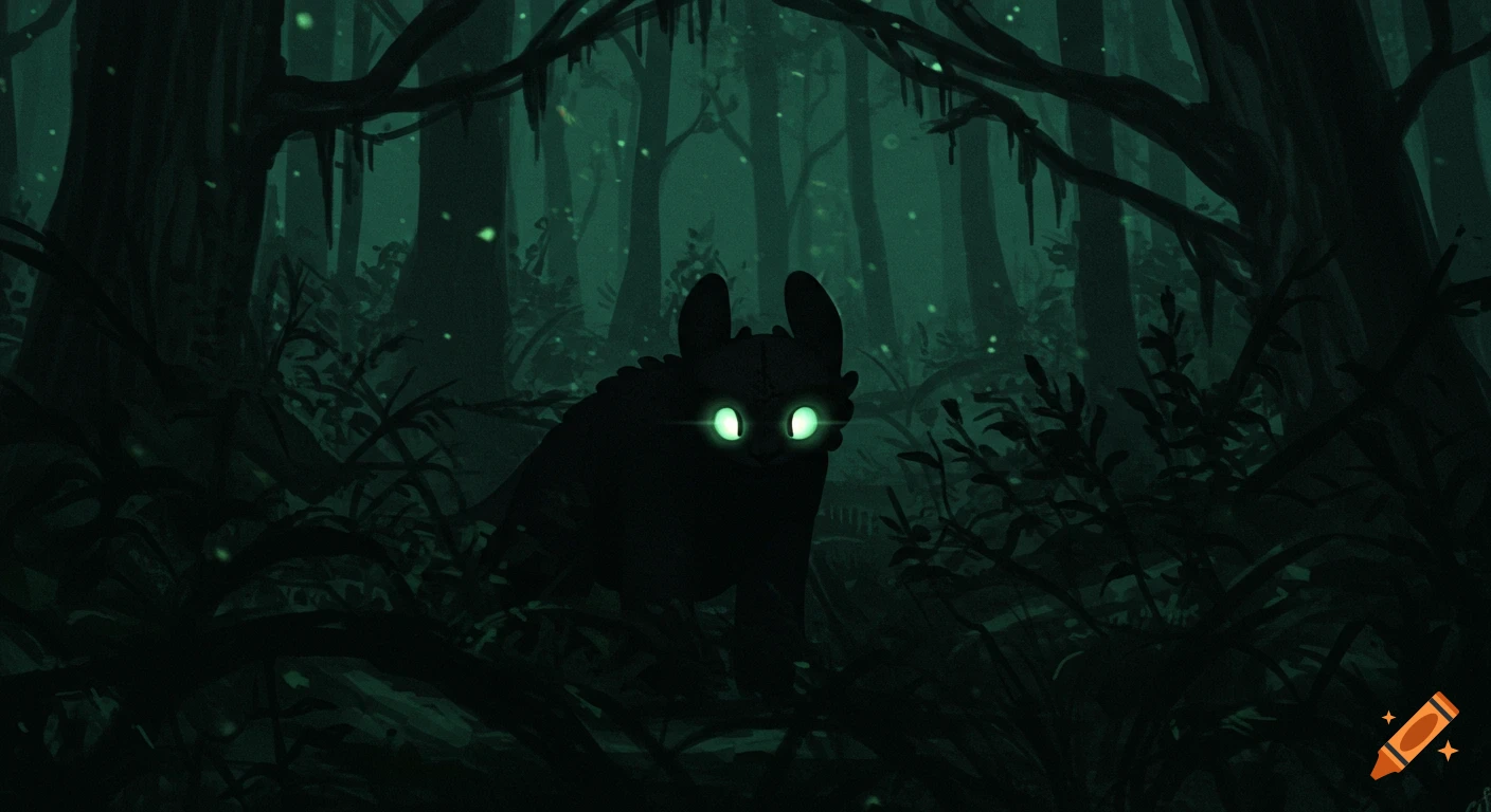 A dark, silhouette dragon with glowing green eyes peers through dense dark forest foliage with glowing green fireflies, in a digital art style.