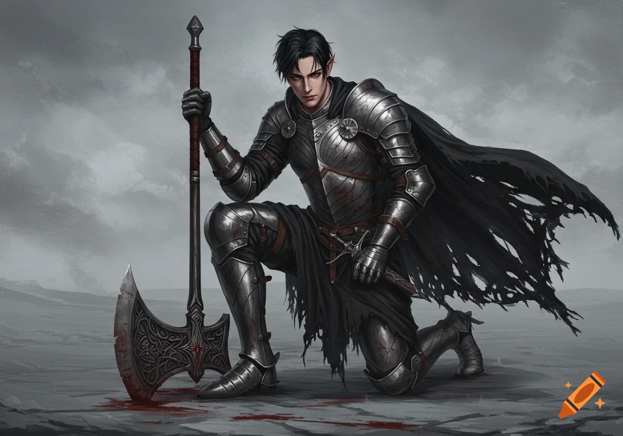 Handsome elf knight in tattered armor and torn black cape kneels in a wasteland, holding a bloody giant axe.