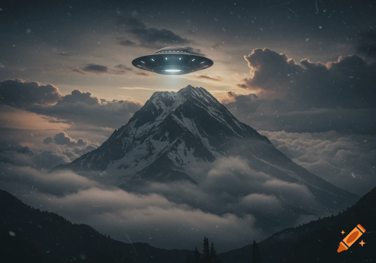Photorealistic grainy image of a UFO hovering above a snow-capped mountain peak amidst clouds at dusk.