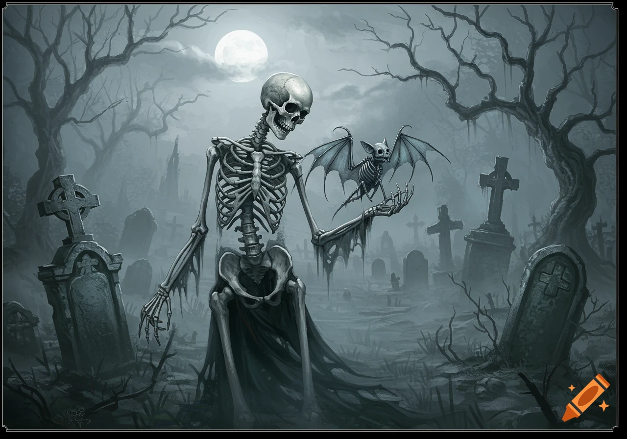 A tall skeleton holding a skeletal bat in a foggy graveyard under a full moon, in a dark fantasy art style.