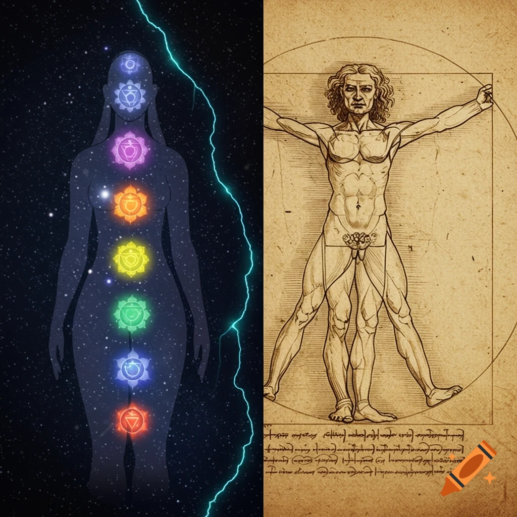 A split image. Left side shows a translucent female silhouette with glowing chakras on a cosmic background. Right side features Leonardo da Vinci's Vitruvian Man on aged parchment. A glowing blue crack divides the two halves.