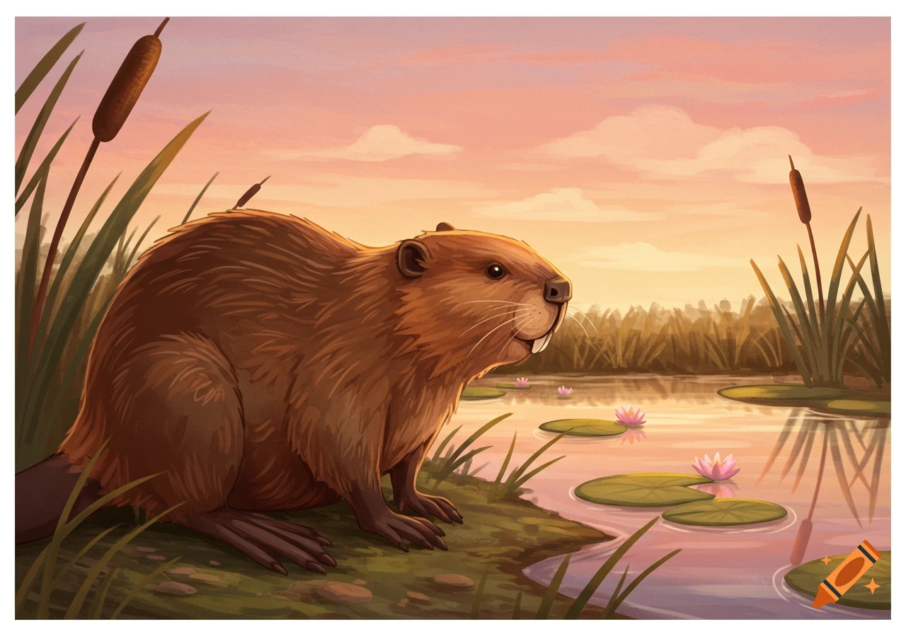 A cartoon beaver sits by a pond with lily pads and cattails at sunset, depicted in a side view.