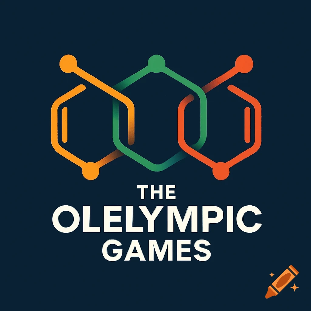 A modern logo with three interconnected, stylized orange, green, and red molecular structures above the bold text "THE OLELYMPIC GAMES" on a dark blue background.